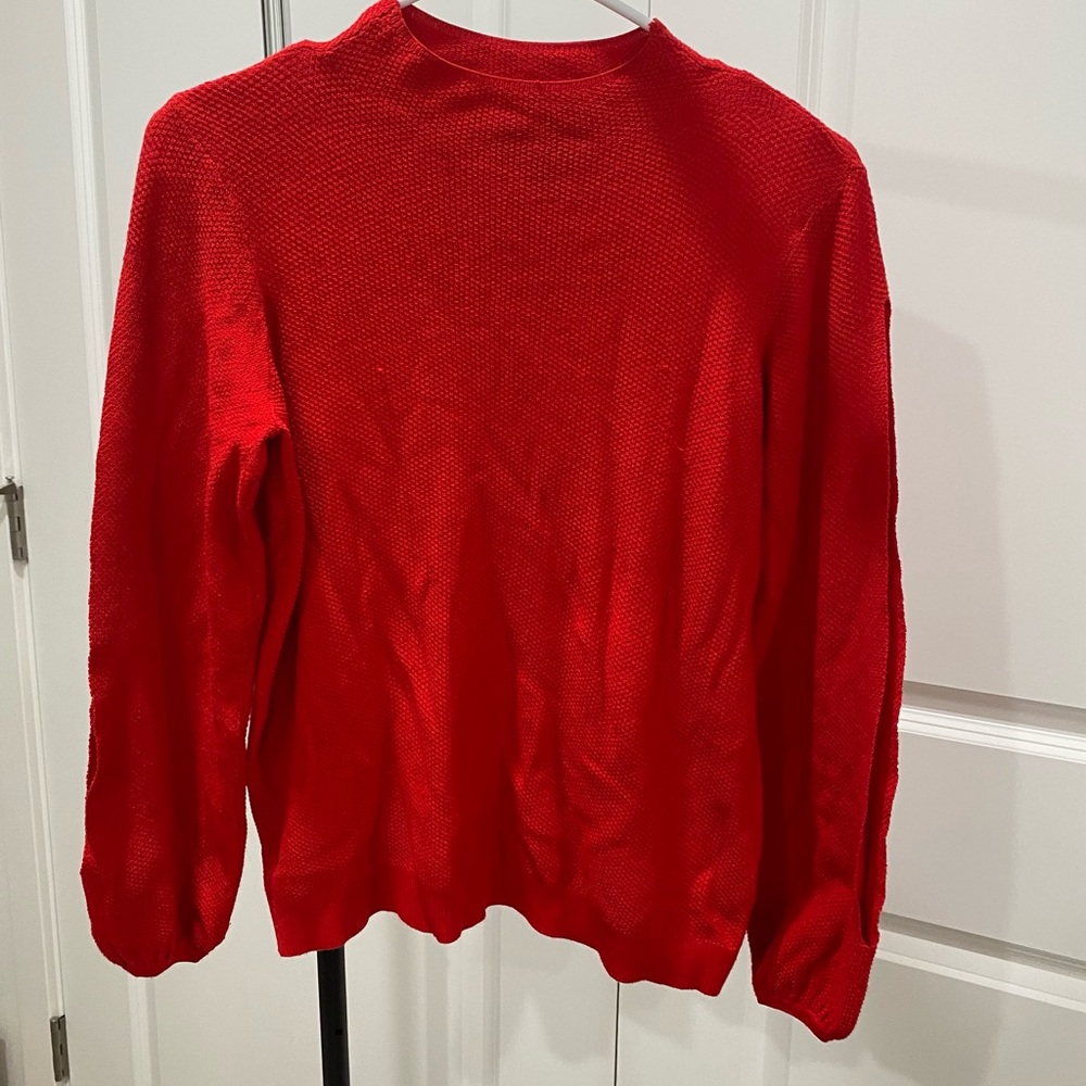 Red Knit Long-Sleeve Crewneck Sweater With Arm Slit